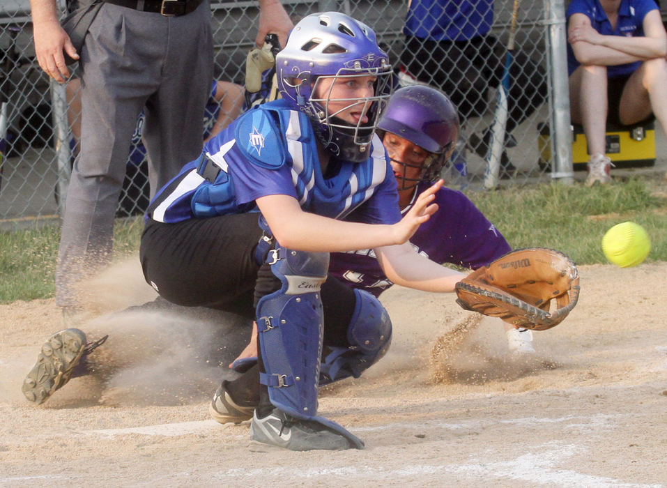 Sports - 2nd place - Bexley catcher Liz Williams waits for the ball as Desales Kelsey Seeds slides into home to put the Stallions up 6-0 in the sixth inning of their tournament game at Desales. (Lorrie Cecil / ThisWeek Newspapers)