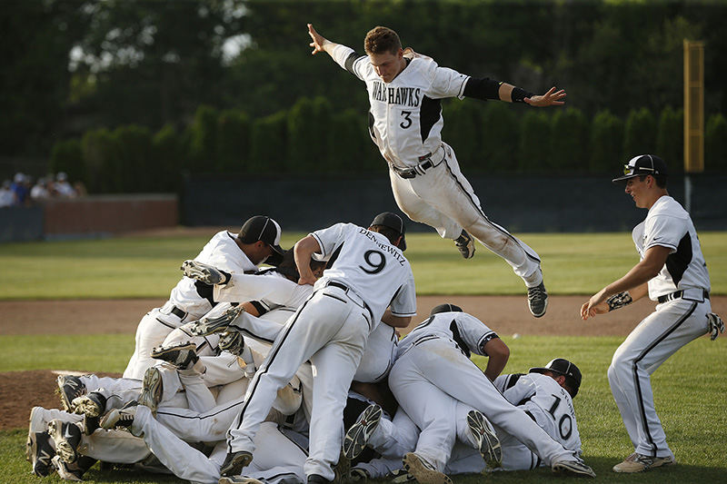 Sports Feature - 1st place - Westerville Central junior Jeremiah Clarke (3) leaps onto the dog pile as the Warhawks celebrate their victory over Olentangy Liberty in the Division I regional championship at Dublin Coffman High School. The Westerville Central Warhawks defeated the Olentangy Liberty Patriots 9 - 6 to move on to the Division I state finals. (Eamon Queeney / The Columbus Dispatch)