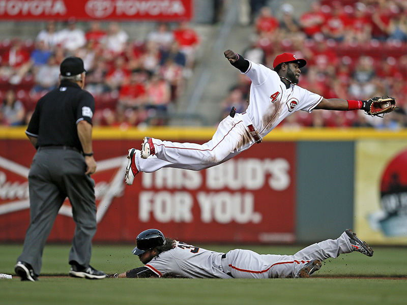SSports - 1st place - Cincinnati Reds second baseman Brandon Phillips (4) leaps to save a wild pick-off throw down to second base as San Francisco Giants shortstop Brandon Crawford (35) slides in safely on a steal during the second inning at Great American Ballpark in Cincinnati.  (Sam Greene / Cincinnati Enquirer)