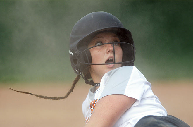 Sports Feature - 2nd place - New Lexington's Bailey Davisson reacts after getting tagged out at third to end the Panther's Division III regional semifinals loss to Alexander. (Chris Crook / Zanesville Times Recorder)