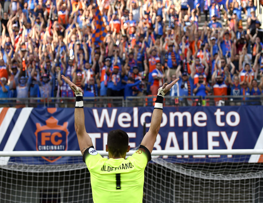 Sports Feature - 2nd place - FC Cincinnati's Goalkeeper Mitch Hildebrandt thanks the fans in the Bailey for their support after FC Cincinnati defeated AFC Cleveland 1-0 in a U.S Open Cup tournament game.  (Erik Schelkun / Elsestar Images)