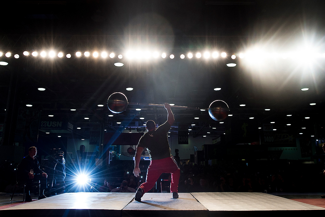 Second Place, Ron Kuntz Sports Photographer of the Year - Logan Riely / Ohio UniversityA professional strongman entertains the crowd by attempting to hoist a multi hundred pound barbell over his head with one arm in between acts on the main EXPO stage at the Columbus Convention Center during the 26th annual Arnold Sports Festival on March 7, 2015.