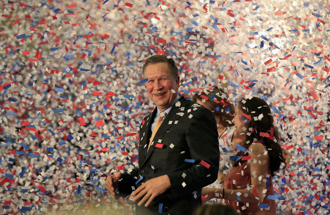 Second Place, Photographer of the Year - Large Market - Kyle Robertson / The Columbus Dispatch Gov. John Kasich celebrates after wining the Republican primary in his home state, Ohio, on Tuesday, during a supporters event at Baldwin Wallace University in Berea, Ohio on March 15, 2016.  