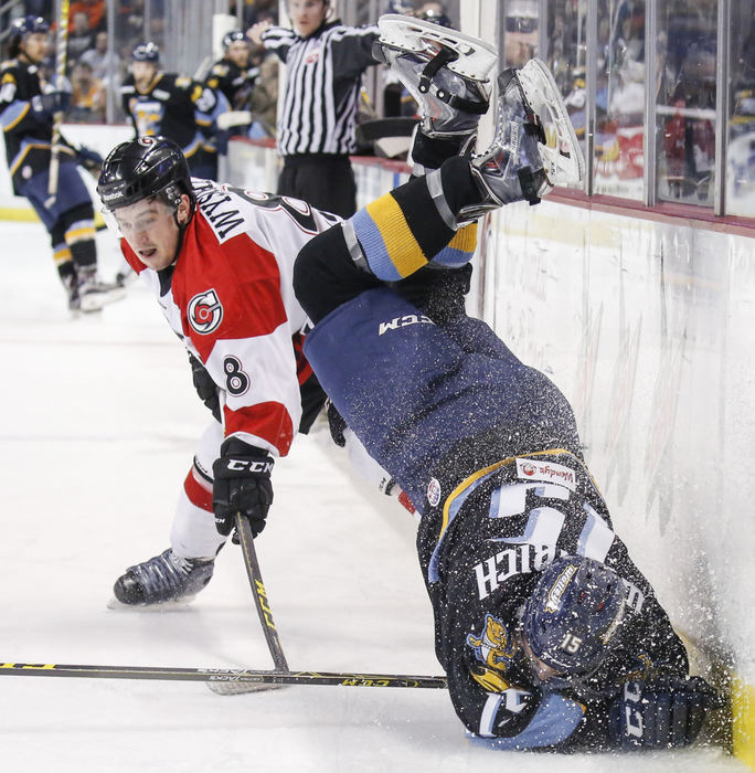 Third Place, Photographer of the Year - Large Market - Andy Morrison / The (Toledo) BladeToledo Walleye player Austin Wuthrich (15) lands hard after he is upended by Cincinnati Cyclones player Brett Wysopal (8) during the first period of their hockey game at the Huntington Center. 