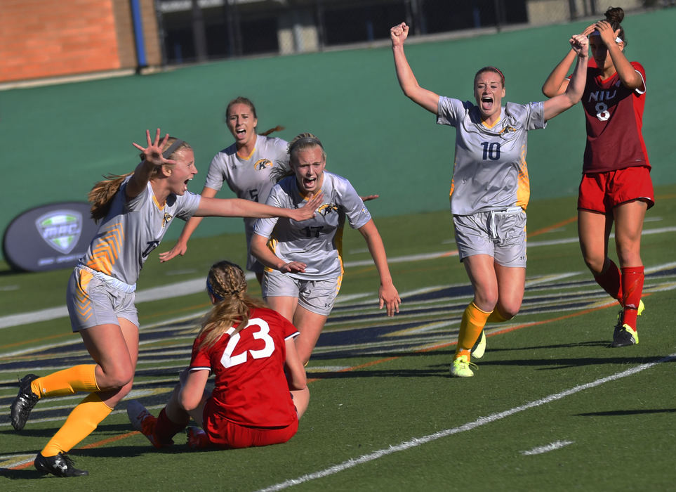 Third Place, Sports Feature - Aaron Self / Kent State UniversityKristen Brots goal in the second half of the MAC Championship put Kent State University ahead against Northern Illinois University. Kent State would go onto win the MAC Championship with a 1-0 lead.