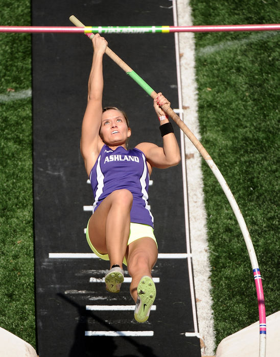 Sports - 1st place - Megan Uzzel of Ashland University vaults herself over the bar during the women's pole vault event at the All Ohio Championships at Gettler Stadium on the campus of University of Cincinnati. Uzzel finished in 9th place with a cleared height of 3.37 meters.  (Erik Schelkun / Elsestar Images)