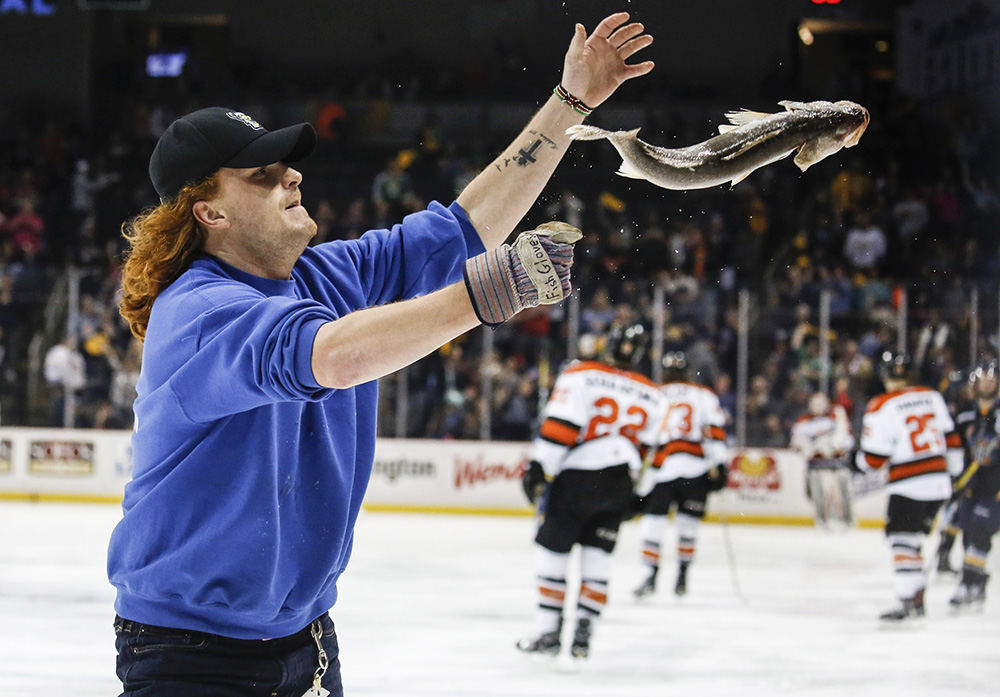 Sports Feature - 3rd place - Toledo Walleye ice crew member Ian Graves loses his grip as he carries off a walleye thrown to the ice after Toledo scored against the Ft. Wayne Comets during the second period of their ECHL playoff game at the Huntington Center.   (Andy Morrison / The Blade)