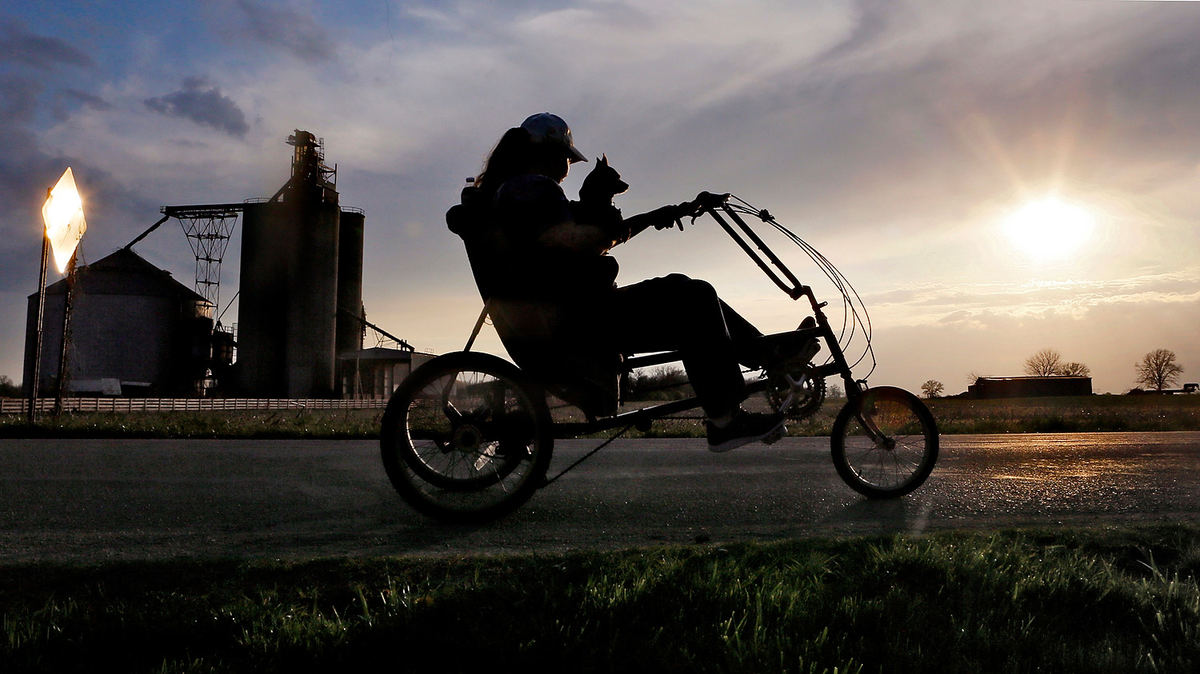 Feature - HMBetty Cordle and her dog Bella enjoy a sunset cruise on their trike bike as they head back to their home in Lilly Chapel after taking a ride around town. Betty said she often takes a ride around town with Bella or sometimes takes the bike path that cuts through town to enjoy the evening. (Eric Albrecht/The Columbus Dispatch)