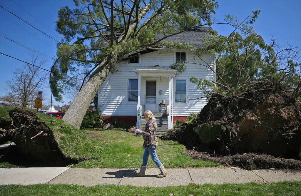 Spot News - 2nd place - Crystal Bronk walks past two of the trees that came crashing down onto the house that she rents during a tornado in Medina. Bronk said within seconds after the sirens started ringing she heard what sounded like one loud bang and immediately had her family rush to the basement. When she finally came out she saw that five trees had fallen on and around her home. Jeff Lange / Akron Beacon Journal