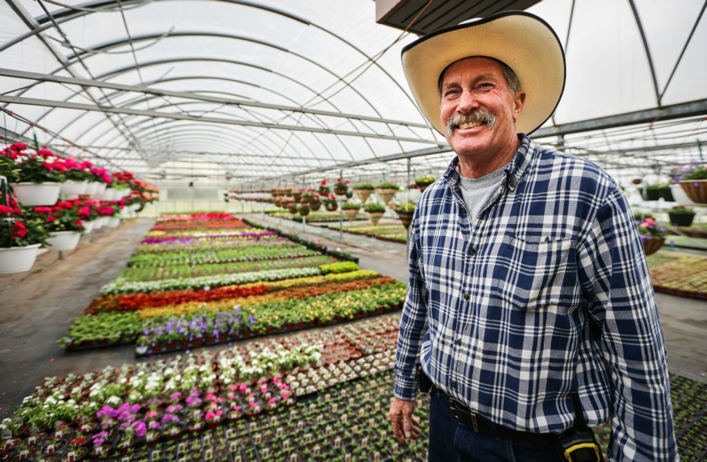 Portrait - 3rd place - Tom Wardell in front of flowers in his greenhouse at family-owned Wardell’s Garden Center in Waterville. (Lizzie Heintz / The Blade)