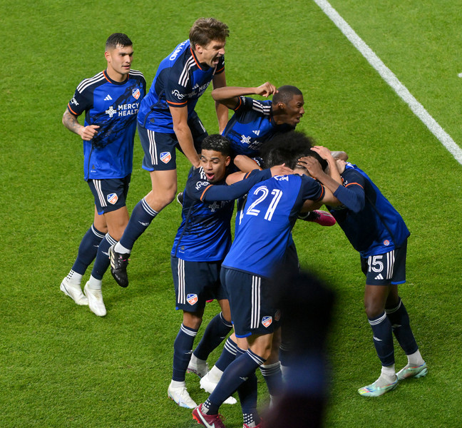 Sports Feature - 3rd place - FC Cincinnati players celebrates the lone goal by 15 Yerson Mosquera during the first half of action against Inter Miami at TQL Stadium. FC Cincinnati defeated Miami 1-0. (Erik Schelkun / Elsestar Images)