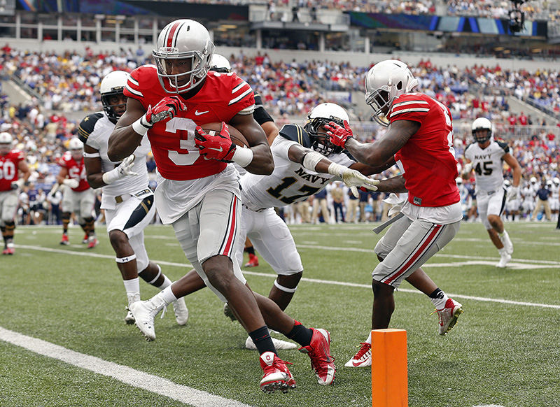 Story - 2nd place - Ohio State wide receiver Michael Thomas (3) scores a touchdown after a catch against Navy in the 4th quarter of their game at M&T Bank Stadium in Baltimore. (Kyle Robertson / The Columbus Dispatch)