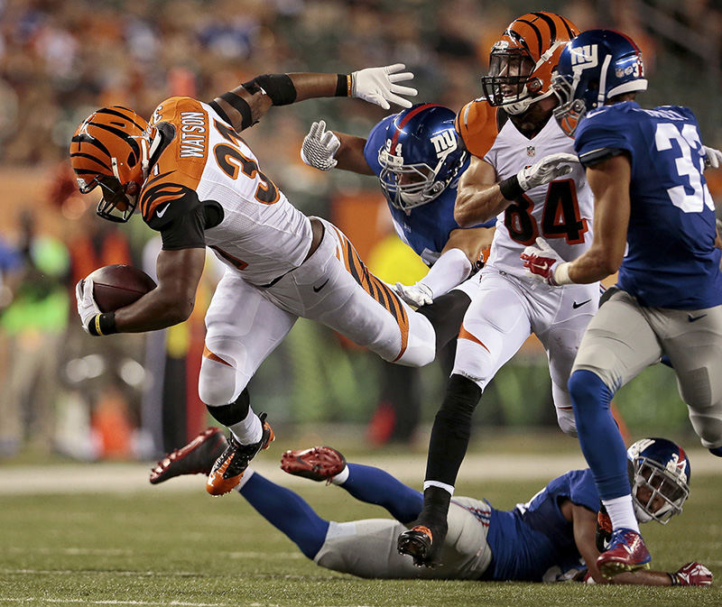 SSports - 1st place - Cincinnati Bengals running back Terrell Watson (31) leaps over a tackler on a pass reception during the fourth quarter of a pre-season game against the New York Giants at Paul Brown Stadium.  (Sam Greene / Cincinnati Enquirer)