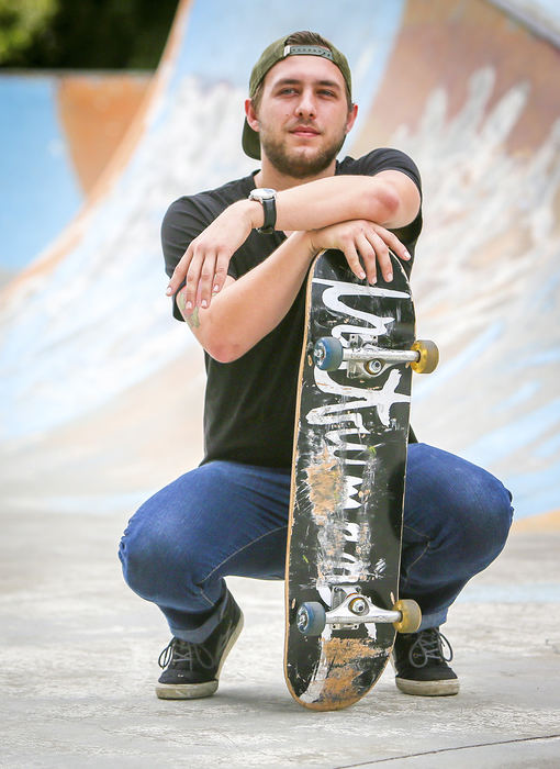 Portrait - HM - John Brumley, of Fairfield, wants to help others get introduced to skateboarding by starting a charity called  Keep Kids Skating.  (Greg Lynch / Hamilton Journal-News)