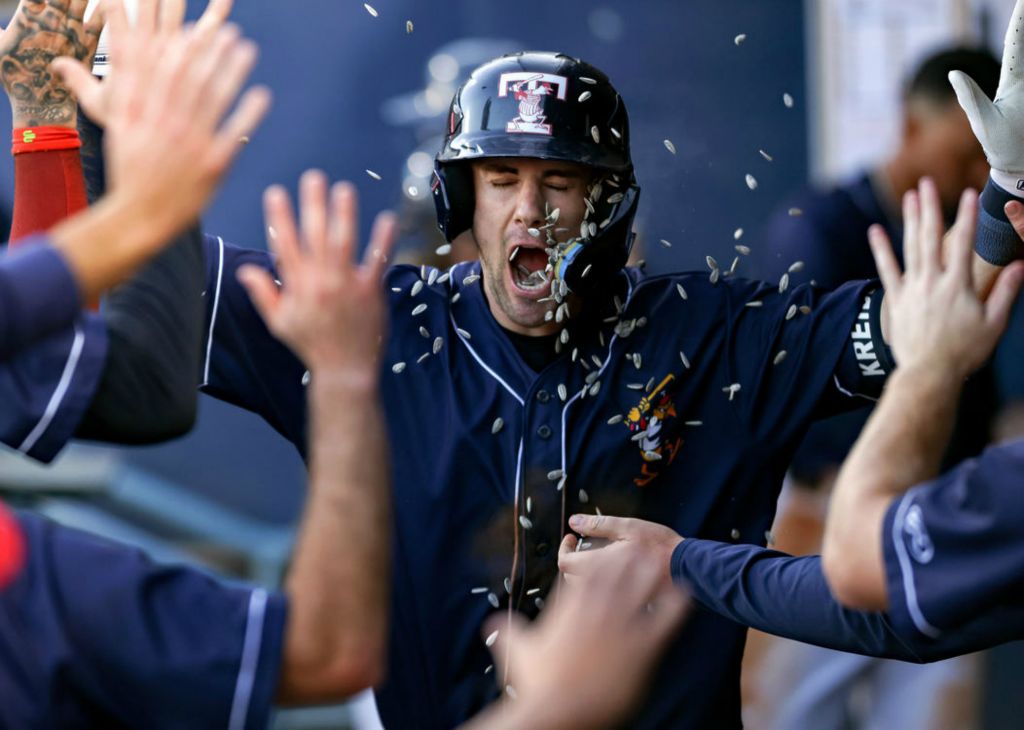 Sports Feature - 3rd place - Toledo’s Ryan Kreidler gets showered in sunflower seeds by his teammates in the dugout after he hit home run during an International League game against the Iowa Cubs at Fifth Third Field in Toledo. (Kurt Steiss / The Blade)