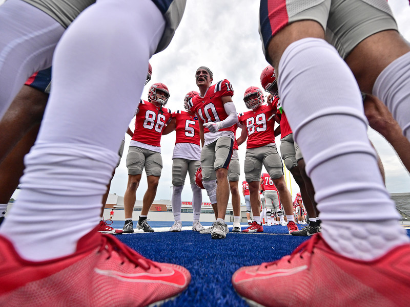 Sports Feature - 2nd place - Dayton's Luke Brenner hypes up his team prior to the  Flyers first game of the season against St.Francis University. The Flyers defeated St. Francis 18-10 at Welcome Stadium in Dayton, Ohio. (Erik Schelkun / Elsestar Images)   (Erik Schelkun / Elsestar Images)