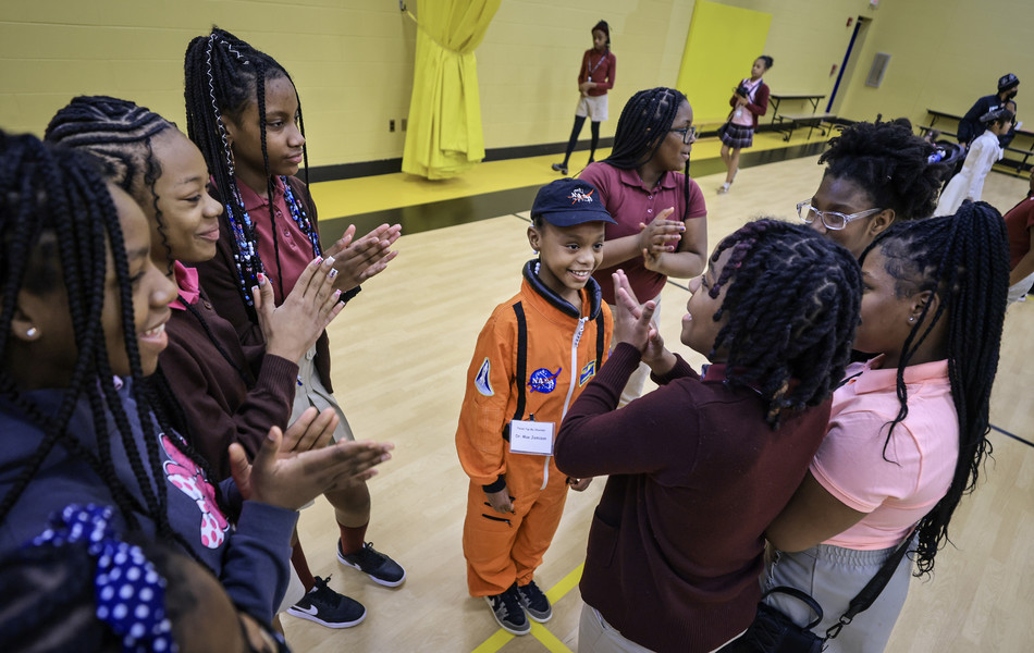 February -  General News - 1st place - Third grader Renaziah Copeland portrays Dr. Mae Jemison during the annual Wax Museum event that highlights women who have made a significant contribution in black history at the Ella P. Stewart Academy for Girls in Toledo.   (Jeremy Wadsworth / The Blade)}