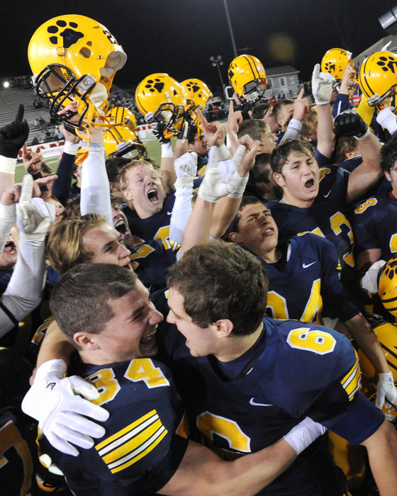 Sports - 3rd place - Ben Fys and Tim McCoy of St. Ignatius celebrate after winning the Div I state championship at Canton's Fawcett Stadium by beating Pickerington Central 34-13. (Kyle Lanzer / Sun Newspapers)