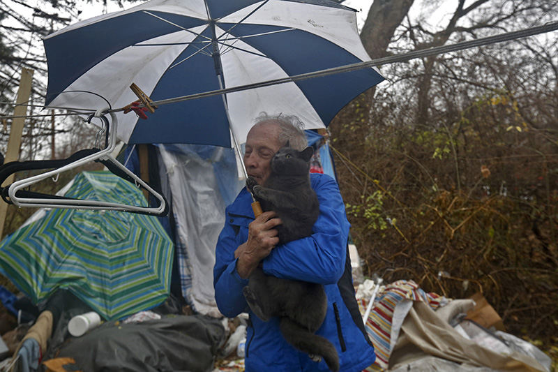 General News - HM - Franklin County Municipal Court Environmental Judge Daniel R. Hawkins, (not pictured) visited with David Evans Hunter, 78, who has been living in a tent at 697 Harley Dr with his cat "Monty" and 4 or 5 other cats after he was evicted from his home for hoarding issues. (Tom Dodge / The Columbus Dispatch)