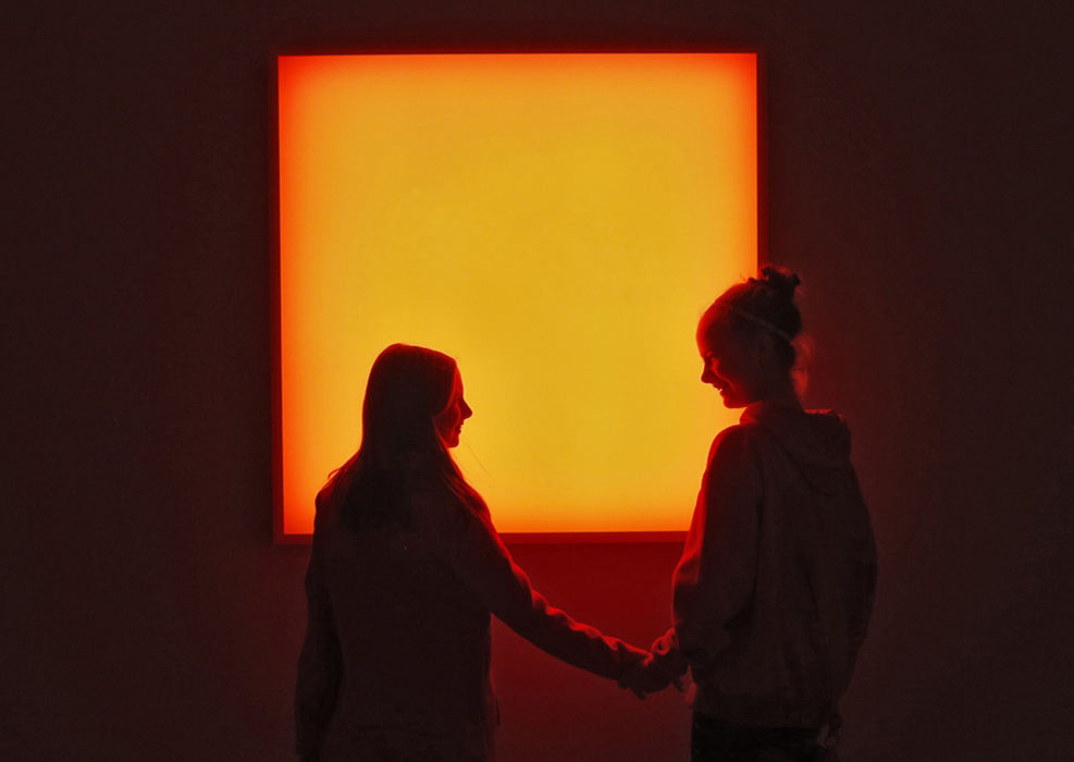 Feature - 2nd place - Lucy Steinman  and her twin sister Olivia of Columbus react as light changes around them in the interactive art piece called Pixel by artist Jamie Ziegelbaum at Franklin Park Conservatory . (Eric Albrecht / The Columbus Dispatch)