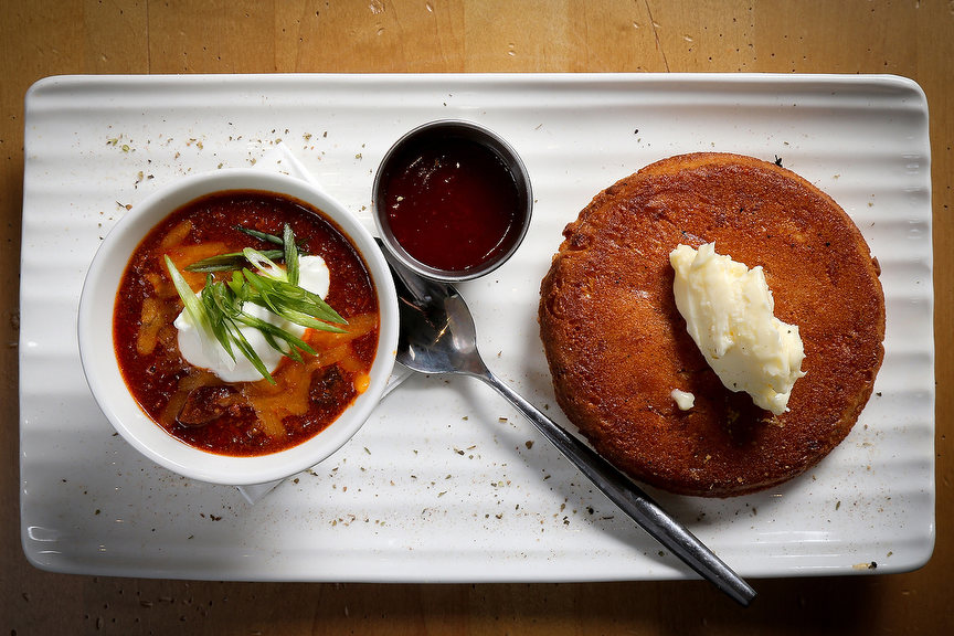 Illustration - 2nd place - Parlor chili featuring ground beef and mettwurst, and spoon bread at Parlor on Seventh restaurant in Covington, Ky. (Kareem Elgazzar / The Cincinnati Enquirer)