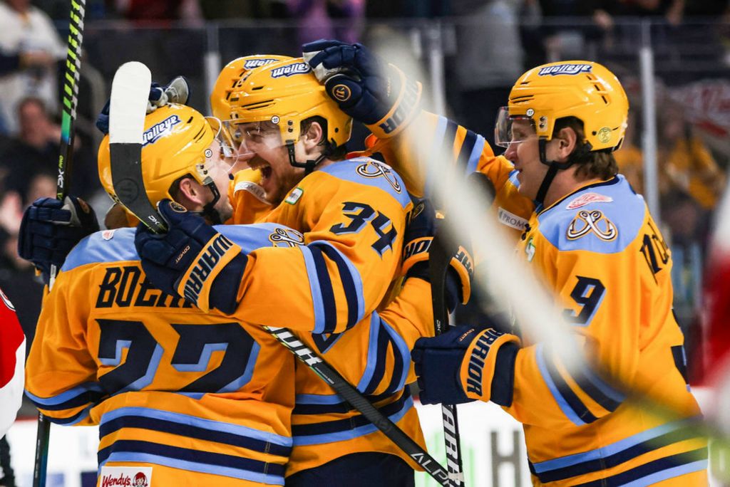 Sports Feature - 3rd place - The Toledo Walleye celebrates their goal against Cincinnati during the second period of an ECHL hockey game at the Huntington Center in Toledo. (Rebecca Benson / The Blade) 