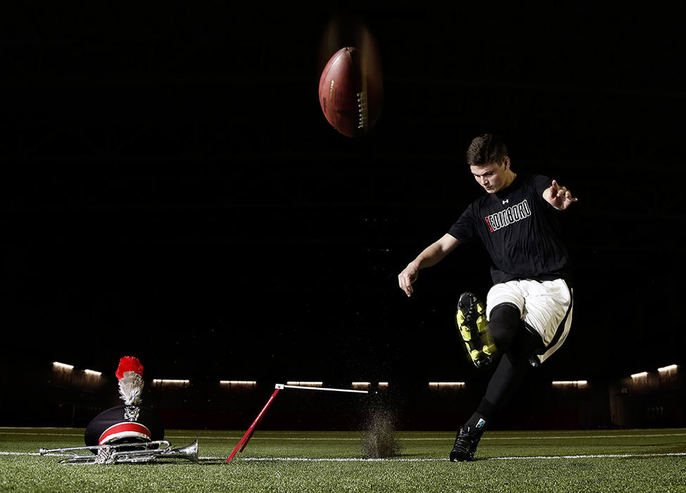 Portrait - HM - Austin Brizee, a trumpet player in the Ohio State marching band recently kicked a 55-yard field goal in an Ohio State practice and earned a tryout with the football team.   (Kyle Robertson / The Columbus Dispatch)