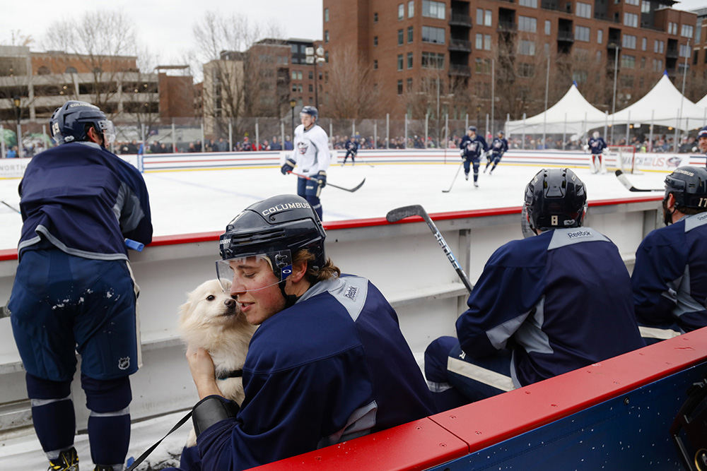 SPSports Feature - 1st place - Columbus Blue Jackets right wing Cam Atkinson takes a break with his dog, Easton, a three-year-old Pomeranian mix, during the Blue Jackets' outdoor practice at the Columbus Blue Jackets Winter Park in McFerson Commons in Columbus. (Joshua A. Bickel / The Columbus Dispatch)