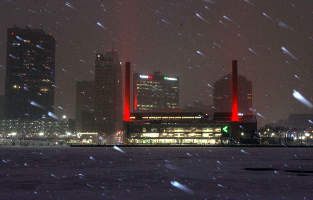 General News - 3rd place - ProMedica trades its usual green lighting for red to raise awareness of heart disease for American Heart Month on its downtown buildings in Toledo. (Kurt Steiss / The Blade)