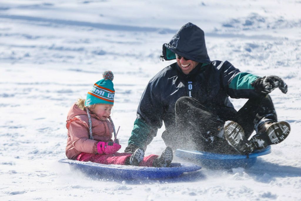 Feature - HM - Nora Michalak, 4, cries after dropping her Minnie Mouse toy at the top of the hill while sledding with her dad Pete at Ottawa Park in Toledo. (Rebecca Benson / The Blade)