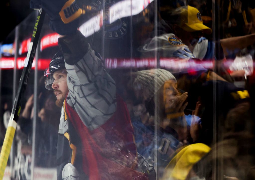 Sports Feature - 1st place - Toledo’s John Albert celebrates his goal during an ECHL hockey game between the Toledo Walleye and Wichita Thunder at the Huntington Center in Toledo. (Kurt Steiss / The Blade)