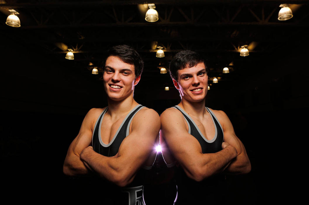 Portrait - 1st place - Twins Nick (left) and Cody Notestine are wrestlers at Pickerington North. They recently faced each other in a match that went into overtime. Cody won 35-33.  (Jonathan Quilter / The Columbus Dispatch)