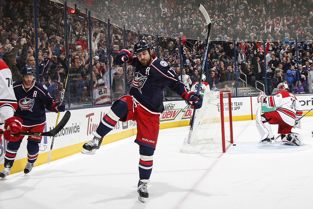 SPSports Feature - HM - Columbus Blue Jackets center Brandon Dubinsky (17) celebrates after scoring late in the first period against the Carolina Hurricanes at Nationwide Arena in Columbus. (Joshua A. Bickel / The Columbus Dispatch)