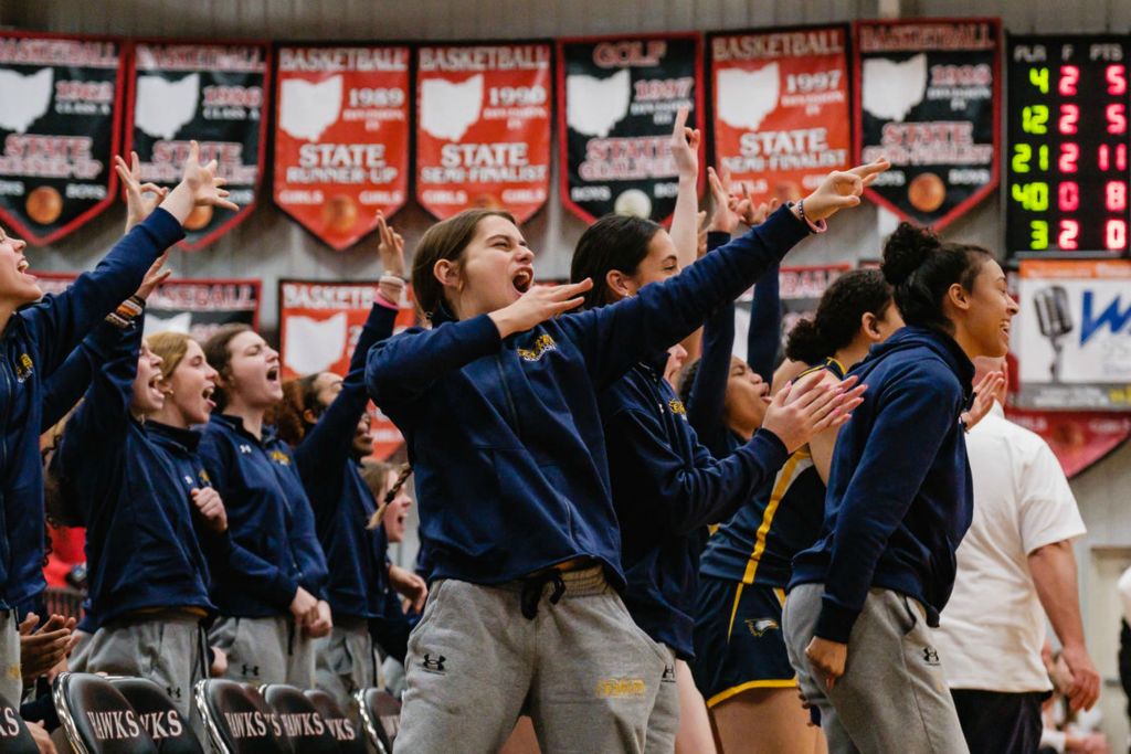 Sports Feature - 3rd place - Notre Dame Academy's bench erupts over two points against West Branch during the 20th Annual Classic in the Country at Hiland High School. (Andrew Dolph / The Times Reporter)