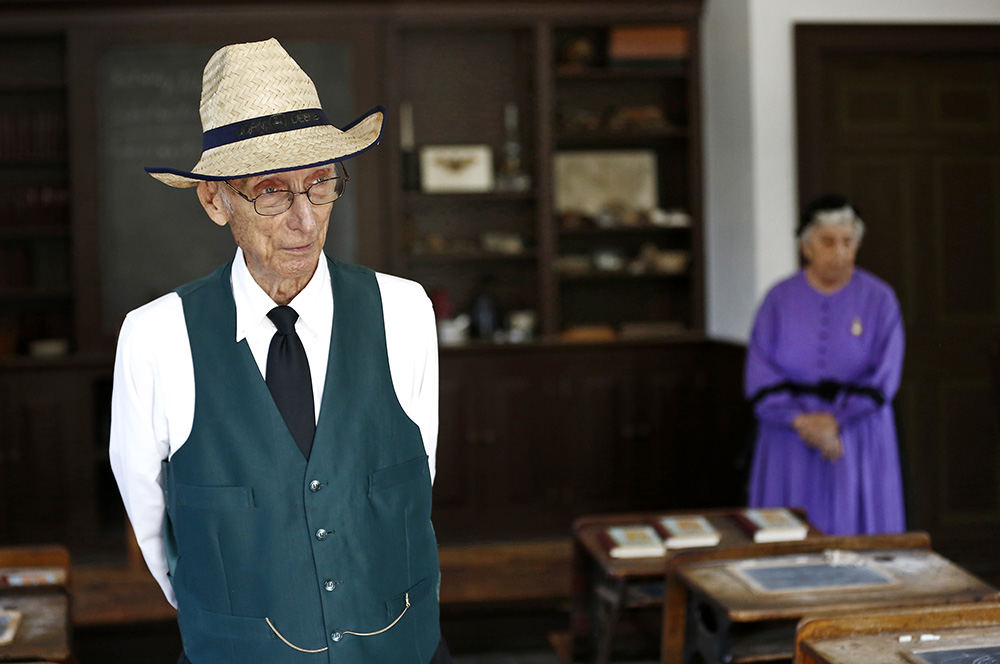 Portrait - 3rd place - The date is July 1, 1898 and Bob and Jean Kreisel were dressed in period clothing and greeting visitors in the school house at Ohio Village on July 1, 2017. They told visitors what school was like in 1898. Both Bob and Jean are 84. Bob is a retired school teacher for Columbus schools.  (Fred Squillante / The Columbus Dispatch)