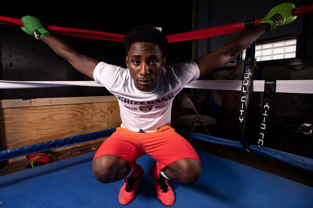 Portrait - 1st placeChris Jones holds poses for a portrait at Soul City Boxing Gym in Toledo. Jones is a Toledo boxer who recently won his second junior Olympics championship and hopes to fight in the 2020 Olympics. (Rebecca Benson/The Blade)