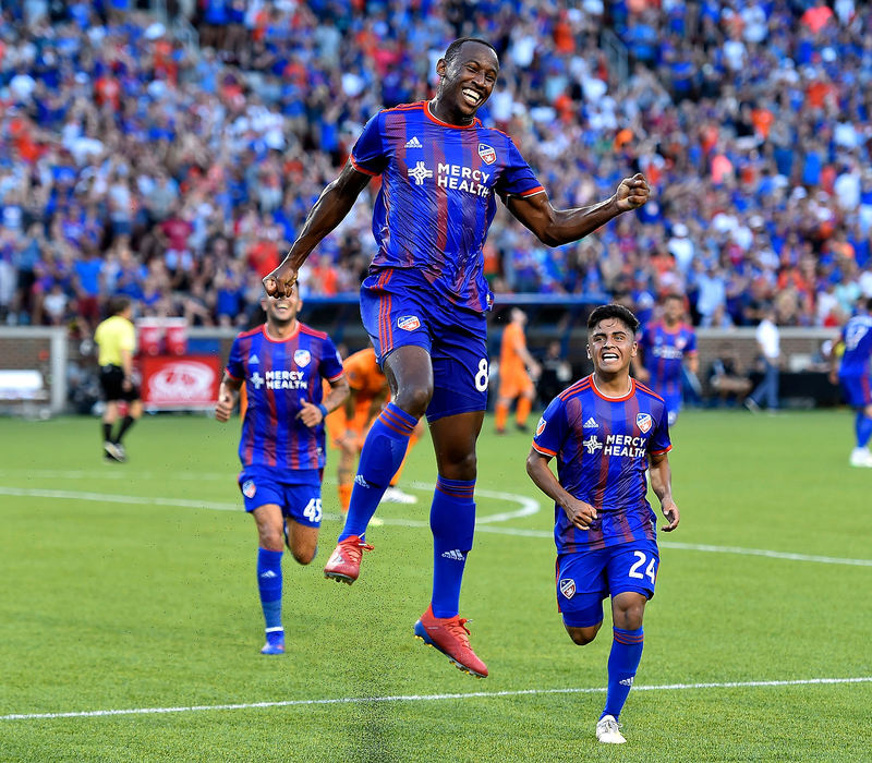 Sports Feature - 2nd placeFC Cincinnati's Rashawn Dally celebrates scoring his first goal of the season against the Houston Dynamo. FC Cincinnati defeated the Dynamo 3-2 at Nipper Stadium in Cincinnati.  (Erik Schelkun/Elsestar Images)