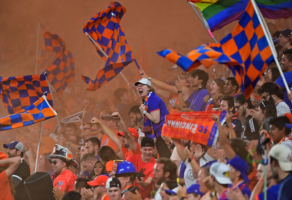 Sports Feature - 1st place - The Bailey section erupts after a goal by Luciano Acosta of FC Cincinnati during the second half of against Atlanta United at TQL Stadium. The teams played to a 1-1 draw. (Erik Schelkun / Elsestar Images)  