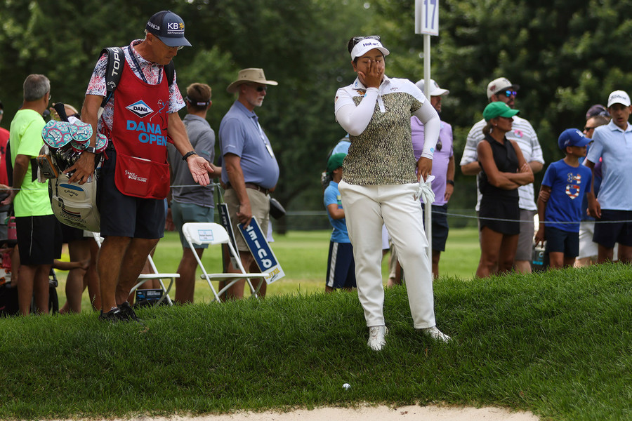 Sports Feature - 3rd place - Chanettee Wannasaen reacts to finding her ball in an awkward angle on the 17th hole during the final round of the Dana Open at Highland Meadows in Sylvania. (Rebecca Benson / The Blade)