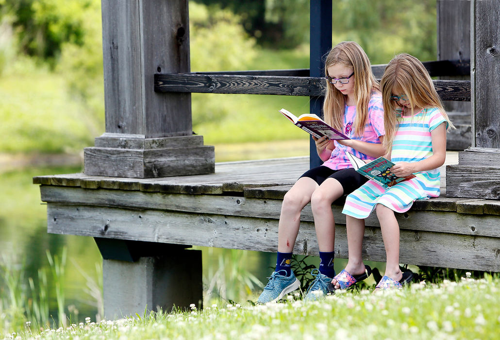 Feature - 2nd placeAayca Mizer, 9, and her sister Reese Mizer, 6, (right) find a quiet spot to read across from the Hillard Branch Library. They were at the library with their grandmother Virginia Wittkugle and are enrolled in the summer reading program and had been at the library getting new books. (Eric Albrecht/The Columbus Dispatch)