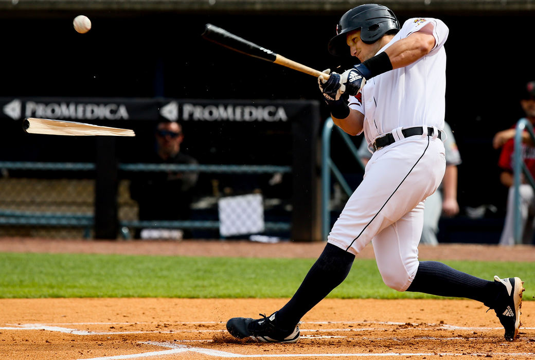 Sports - 1st placeToledo Mud Hens’ Mikie Mahtook with a broken bat single against the Indianapolis Indians during the second inning of a game June 8, at Fifth Third Field in Toledo. (Jeremy Wadsworth/The Blade)