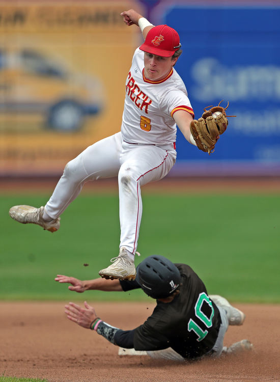 Sports - 1st place - Indian Creek shortstop Gavin Pownall (top) makes a leaping catch for a throw from home as West Branch baserunner Hunter Shields steals second during the first inning of the Division II state semifinal game at Canal Park,  in Akron, Ohio. (Jeff Lange / Akron Beacon Journal)