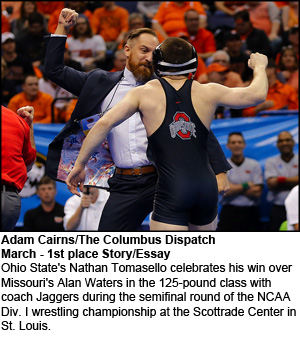 SStory - 1st place - Ohio State's Nathan Tomasello celebrates his win over Missouri's Alan Waters in the 125-pound class with coach Jaggers during the semifinal round of the NCAA Div. I wrestling championship at the Scottrade Center in St. Louis. Tomasello won a 4-2 decision. (Adam Cairns / The Columbus Dispatch)