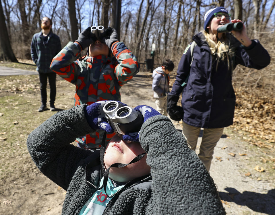 Feature - 1st place - Lukas Grothaus, 6, looks for birds while on a nature walk during a Spring Sprouts Mini-Camp at Wildwood Metropark in Toledo. (Jeremy Wadsworth / The Blade)