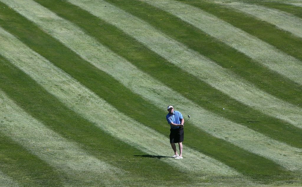 Sports - 1st place - Andy Butler chips onto the ninth hole at Spring Valley Golf Course in Pike Township. (Scott Heckel / The Canton Repository)