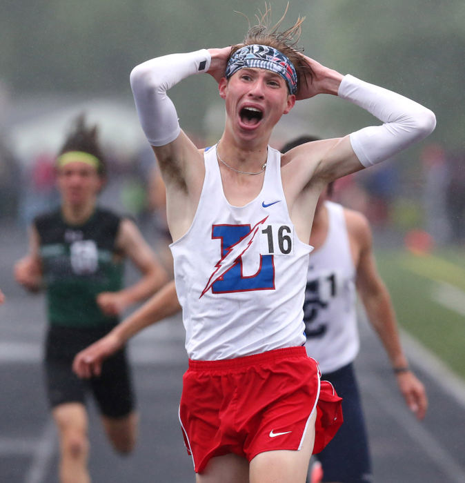 Connor Wertman of Lake reacts to finishing second in the 1600 meter run during the Division I regional track meet at Austintown.