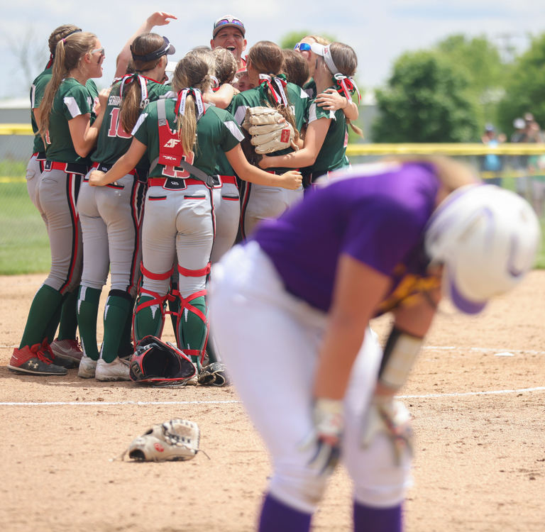 Sports Feature - 2nd place - Oak Harbor players celebrate their victory as a Lexington player reacts  after the Division II regional final game at New Riegel High School. Oak Harbor won 5-4.  (Kurt Steiss - The Blade)  