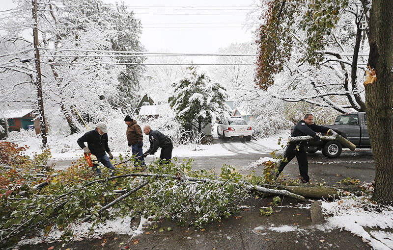 Spot News - 2nd place - Columbus Police officers (from right) Joseph Abdalla, Jim Parsons, along with neighbors William Good and Frank Phillips cut and clear a large branch that had just fallen across California Avenue in Clintonville. Several inches of wet snow overnight and throughout the morning weighed down the tree which hadn't dropped all its leaves yet. Ofc. Parsons said several people were without power this morning due to similar incidents involving power lines.  (Adam Cairns / The Columbus Dispatch)