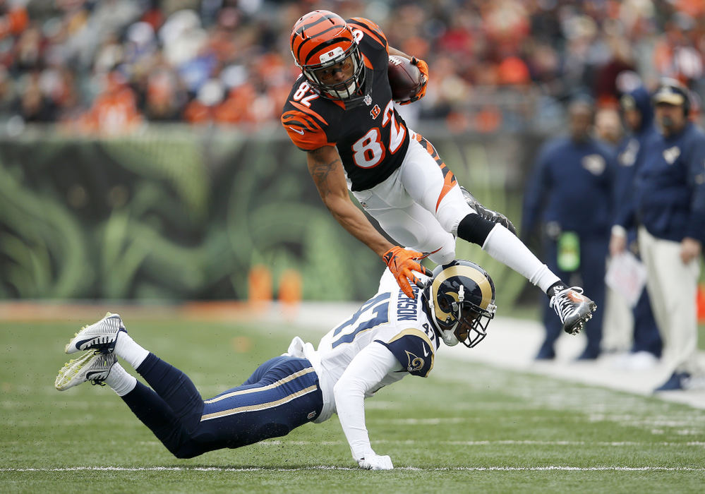 SSports - 3rd place - Cincinnati Bengals wide receiver Marvin Jones (82) leaps over St. Louis Rams cornerback Marcus Roberson (47) on a catch and run in the second quarter Nov. 29 at Paul Brown Stadium in Cincinnati.  (Kareem Elgazzar / The Cincinnati Enquirer)