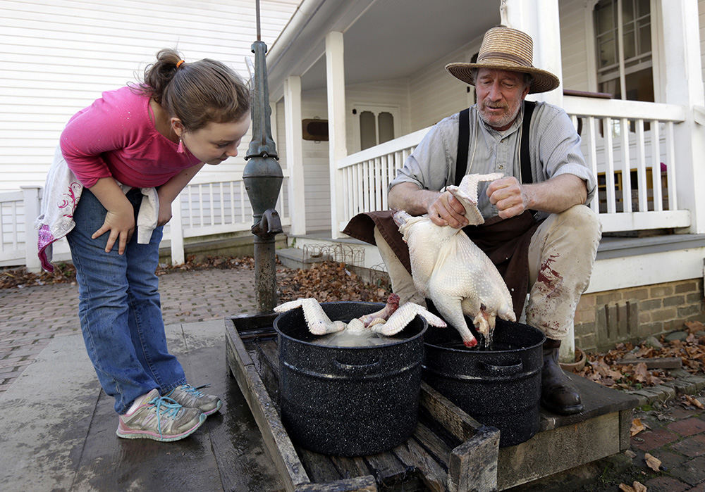 NEFeature - 2nd place - Arianna Wilson, 10, of Reynoldsburg, watches Mike Huels, historical farmer, clean turkeys as part of Metro Parks Slate Run Living Historical Farm's "Homeschoolers on the Farm" program in Canal Winchester. The event focused on the history of Thanksgiving traditions, offering interactive stations for children to explore and learn from. (Shane Flanigan / ThisWeek Newspapers)